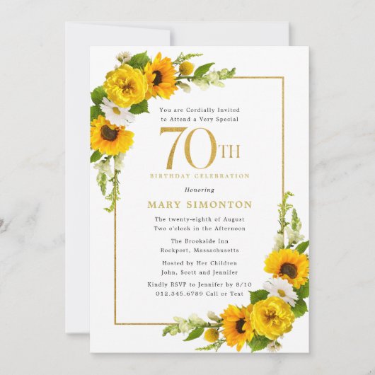 Rustic Sunflower 70th Birthday Party Invitation Kaart (Voorkant)
