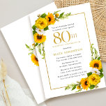 Rustic Sunflower 80th Birthday Party Invitation Kaart<br><div class="desc">gele zonnebloem 80e verjaardagskaart Gele pinda's en witte madijzen met de zonnebloemen. Een rechthoekig gouden lijst geeft het een elegante vibe. De 80ste verjaardag van de verjaardag van de viering en de naam van de viant zijn in goud geschreven. Heel eenvoudig aan te passen. Die rug is wit met een...</div>