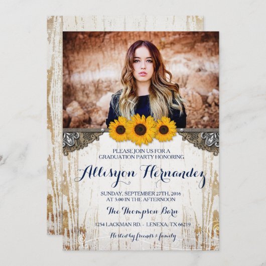 Rustic Sunflower Afstuderen Fotoaankondiging Kaart (Voorkant / Achterkant)