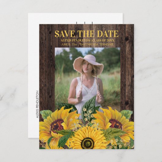 Rustic Sunflower Afstuderen Save Date Notice Uitnodiging Briefkaart (Voorkant / Achterkant)