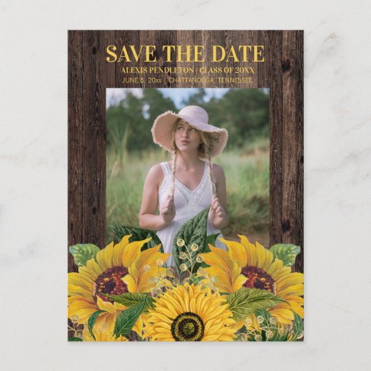 Rustic Sunflower Afstuderen Save Date Notice Uitnodiging Briefkaart (Voorkant)