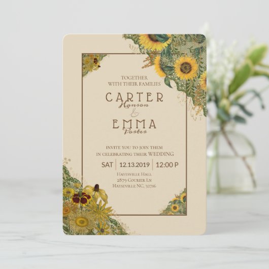 Rustic Sunflower and Lace Beige Country Wedding Kaart (Staand voorkant)