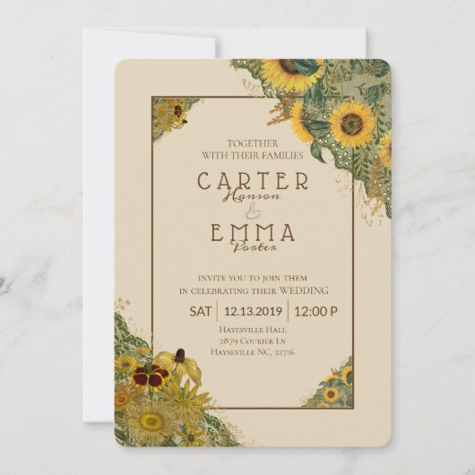 Rustic Sunflower and Lace Beige Country Wedding Kaart (Voorkant)
