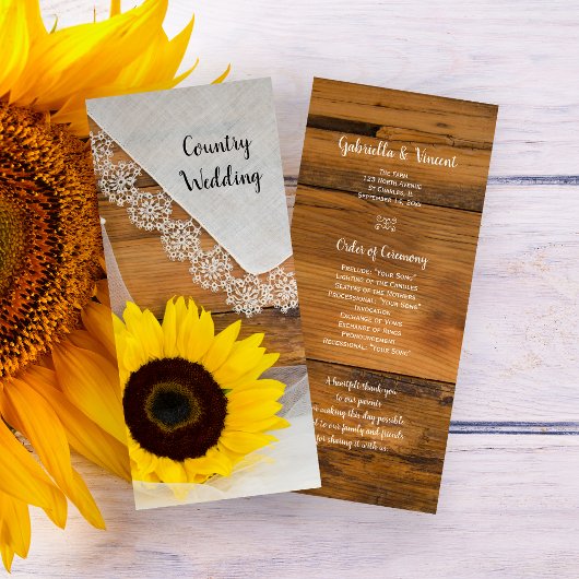 Rustic Sunflower and Lace Country Wedding Programm Programmakaart