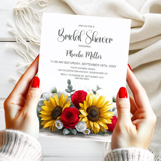 Rustic Sunflower and Red Rose Floral Bridal Shower Kaart
