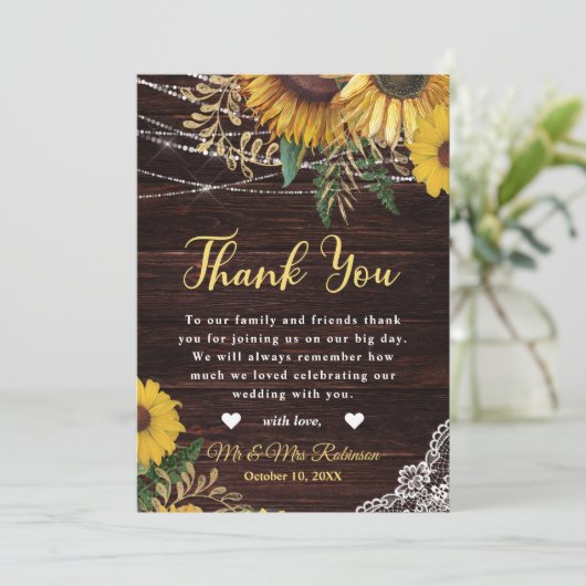 Rustic Sunflower and String Lights Wedding Bedankkaart (Staand voorkant)