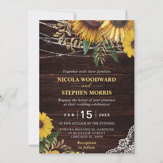 Rustic Sunflower and String Lights Wedding Kaart (Voorkant)