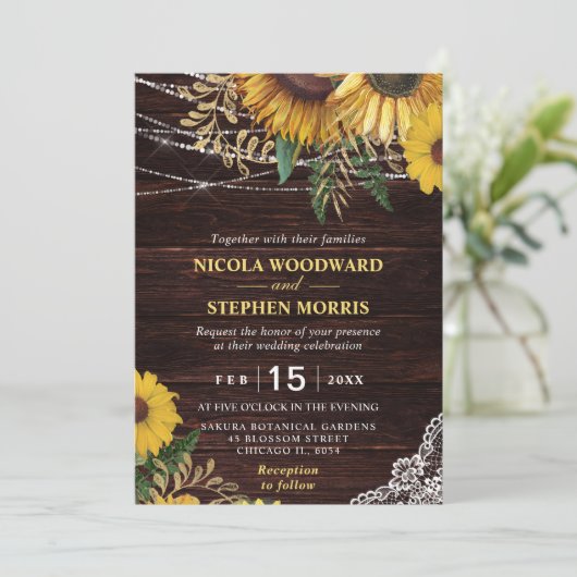 Rustic Sunflower and String Lights Wedding Kaart (Staand voorkant)