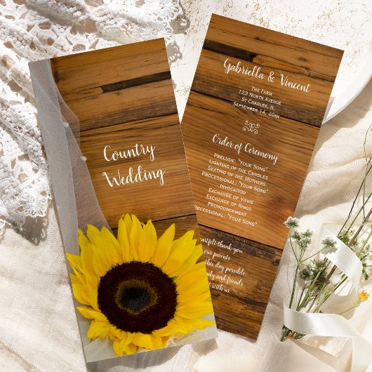 Rustic Sunflower and Veil country Wedding Programm Programmakaart