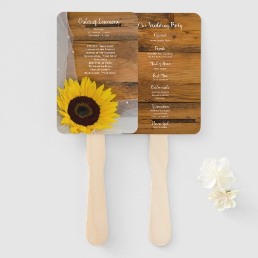 Rustic Sunflower and Veil Country Wedding Programs Handwaaier (Voorkant en achterkant)