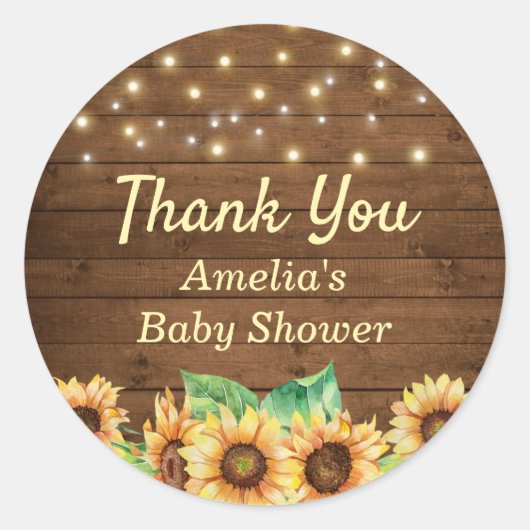 Rustic Sunflower Baby Shower Strooigoed Bedankje Ronde Sticker (Voorkant)
