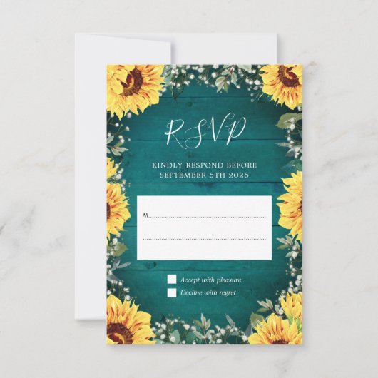Rustic Sunflower Babys Breath Border Blauwgroen We RSVP Kaartje (Voorkant)