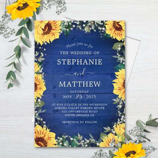 Rustic Sunflower Babys Breath Border Blue Wedding Kaart