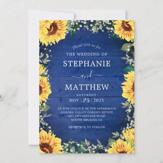 Rustic Sunflower Babys Breath Border Blue Wedding Kaart (Voorkant)