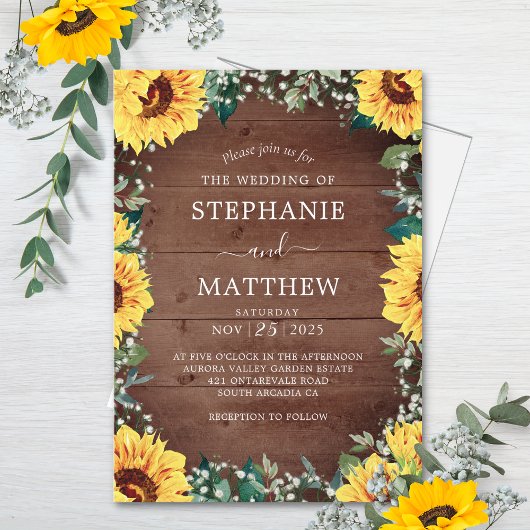 Rustic Sunflower Babys Breath Border Wood Weddensc Kaart