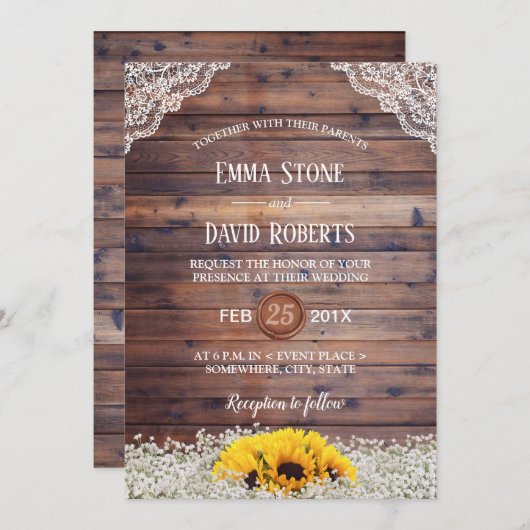 Rustic Sunflower & Baby's Breath Country Wedding Kaart (Voorkant / Achterkant)