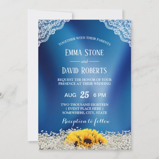 Rustic Sunflower & Baby's Breath Navy Blue Wedding Kaart (Voorkant)
