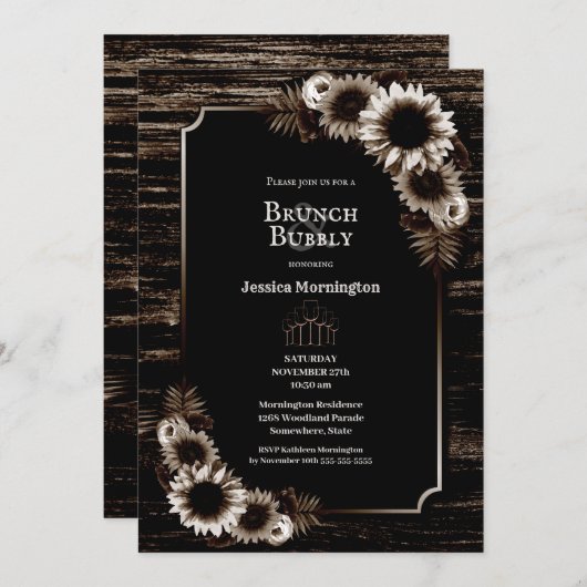 Rustic Sunflower Barn Wood Brunch & Bubble Kaart (Voorkant / Achterkant)