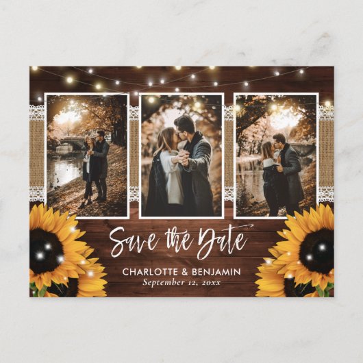 Rustic Sunflower Barn Wood Foto Save the Date Aankondigingskaart (Voorkant)