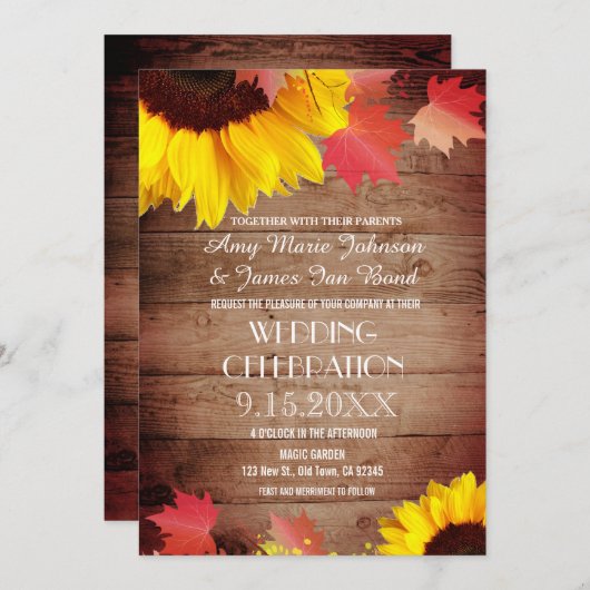 Rustic Sunflower Barn Wood Wedding Invitting Kaart (Voorkant / Achterkant)