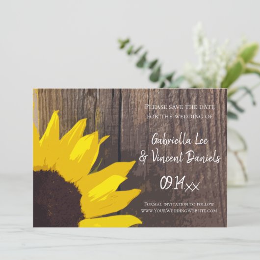Rustic Sunflower Barn Wood Wedding Save the Date (Staand voorkant)