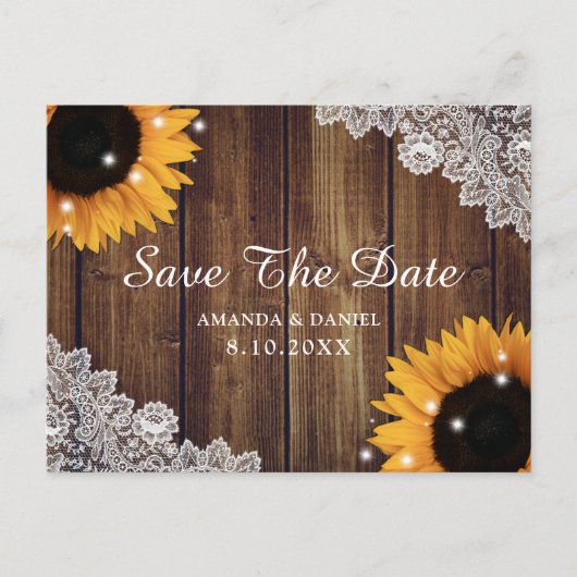 Rustic Sunflower Barn Wood Wedding Save the Date Briefkaart (Voorkant)