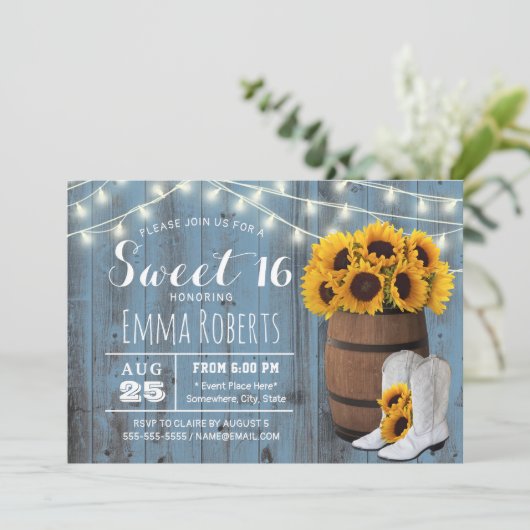 Rustic Sunflower Barrel Dusty Blue Barn Sweet 16 Kaart (Staand voorkant)