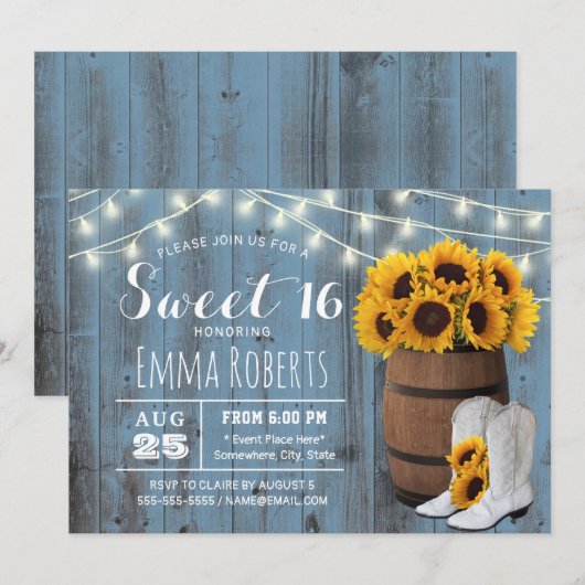 Rustic Sunflower Barrel Dusty Blue Barn Sweet 16 Kaart (Voorkant / Achterkant)