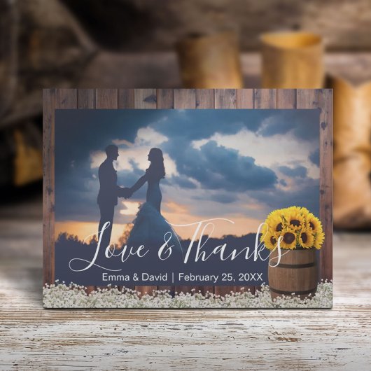 Rustic Sunflower Barrel Weddenschap Foto bedankt Briefkaart