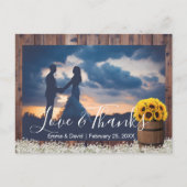 Rustic Sunflower Barrel Weddenschap Foto bedankt Briefkaart (Voorkant)