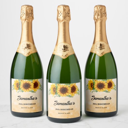 Rustic Sunflower Birthday Sparkling Wijnetiket (Flessen)