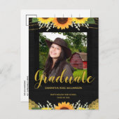 Rustic Sunflower Black en Gold Photo Afstuderen Aankondigingskaart (Voorkant / Achterkant)