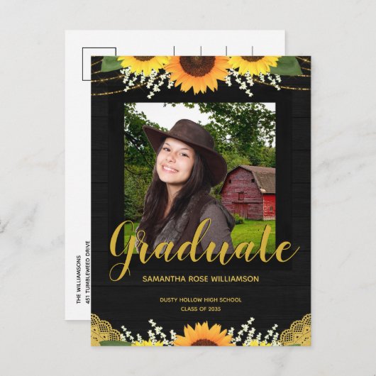 Rustic Sunflower Black en Gold Photo Afstuderen Aankondigingskaart (Voorkant / Achterkant)