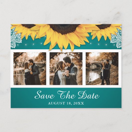 Rustic Sunflower Blauwgroen Wedding Photo Save the Aankondigingskaart (Voorkant)