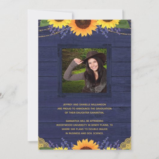 Rustic Sunflower Blue en Gold 2 Photo Afstuderen Aankondiging (Achterkant)