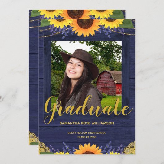 Rustic Sunflower Blue en Gold 2 Photo Afstuderen Aankondiging (Voorkant / Achterkant)