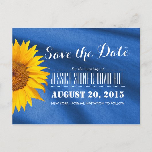 Rustic Sunflower Blue Fabric Save the Date Aankondigingskaart (Voorkant)