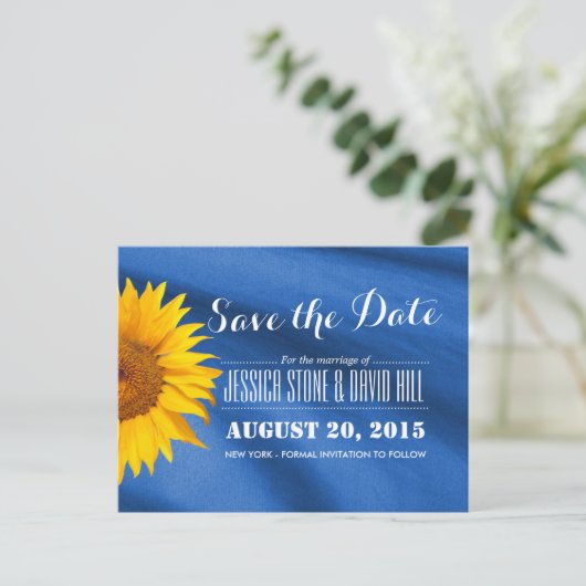 Rustic Sunflower Blue Fabric Save the Date Aankondigingskaart (Staand voorkant)
