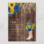 Rustic Sunflower Blue Rozen Boots 18th Birthday Kaart<br><div class="desc">18e verjaardagsfeestuitnodiging met rustige cowboylaarzen,  felgele zonnebloemen en prachtige blauwe rozen op een donkerbruine houthaven.</div>