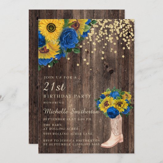 Rustic Sunflower Blue Rozen Boots 21st Birthday Kaart (Voorkant / Achterkant)