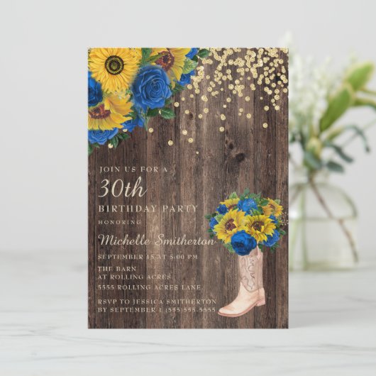 Rustic Sunflower Blue Rozen Boots 30th Birthday Kaart (Staand voorkant)