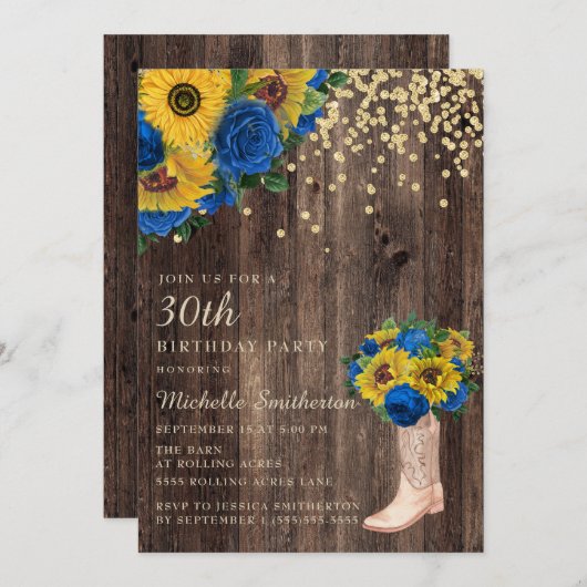 Rustic Sunflower Blue Rozen Boots 30th Birthday Kaart (Voorkant / Achterkant)