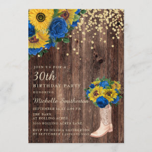 Rustic Sunflower Blue Rozen Boots 30th Birthday Kaart