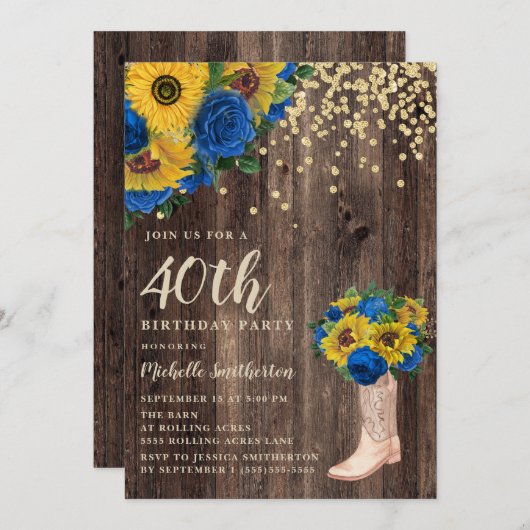 Rustic Sunflower Blue Rozen Boots 40th Birthday Kaart (Voorkant / Achterkant)
