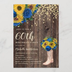 Rustic Sunflower Blue Rozen Boots 60th Birthday Kaart
