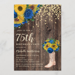 Rustic Sunflower Blue Rozen Boots 75th Birthday Kaart