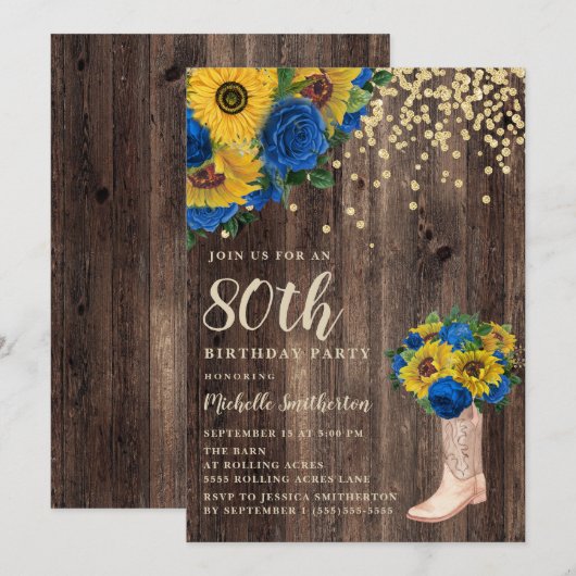 Rustic Sunflower Blue Rozen Boots 80th Birthday Kaart (Voorkant / Achterkant)