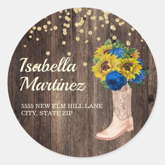 Rustic Sunflower Blue Rozen Boots Adres Ronde Sticker (Voorkant)