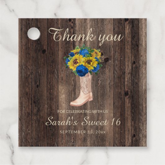 Rustic Sunflower Blue Rozen Boots Sweet 16 Bedankjes Labels (Voorkant)