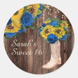 Rustic Sunflower Blue Rozen Boots Sweet 16 Ronde Sticker